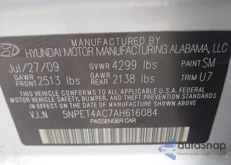 2010 Hyundai Sonata Gls z USA, uszkodzony, nr VIN 5NPET4AC7AH616084